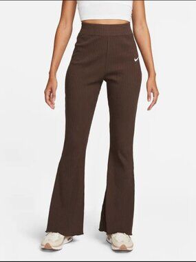 NIKE Women's High-Waisted Ribbed Jersey Flared Trousers Brown Size Large